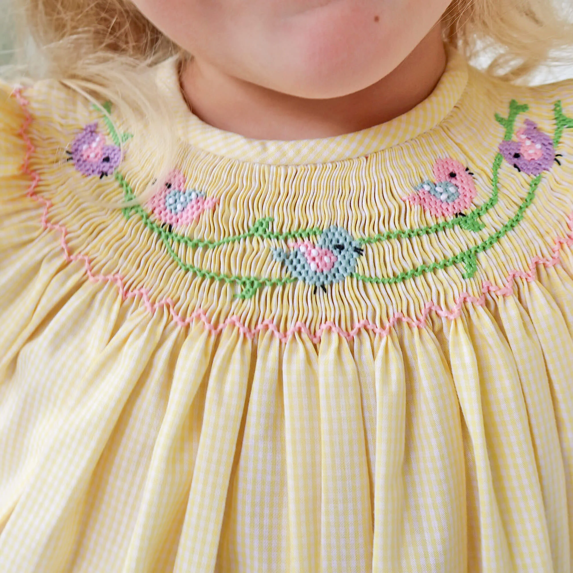 Yellow Check Bird Smocked Dress - Image 6