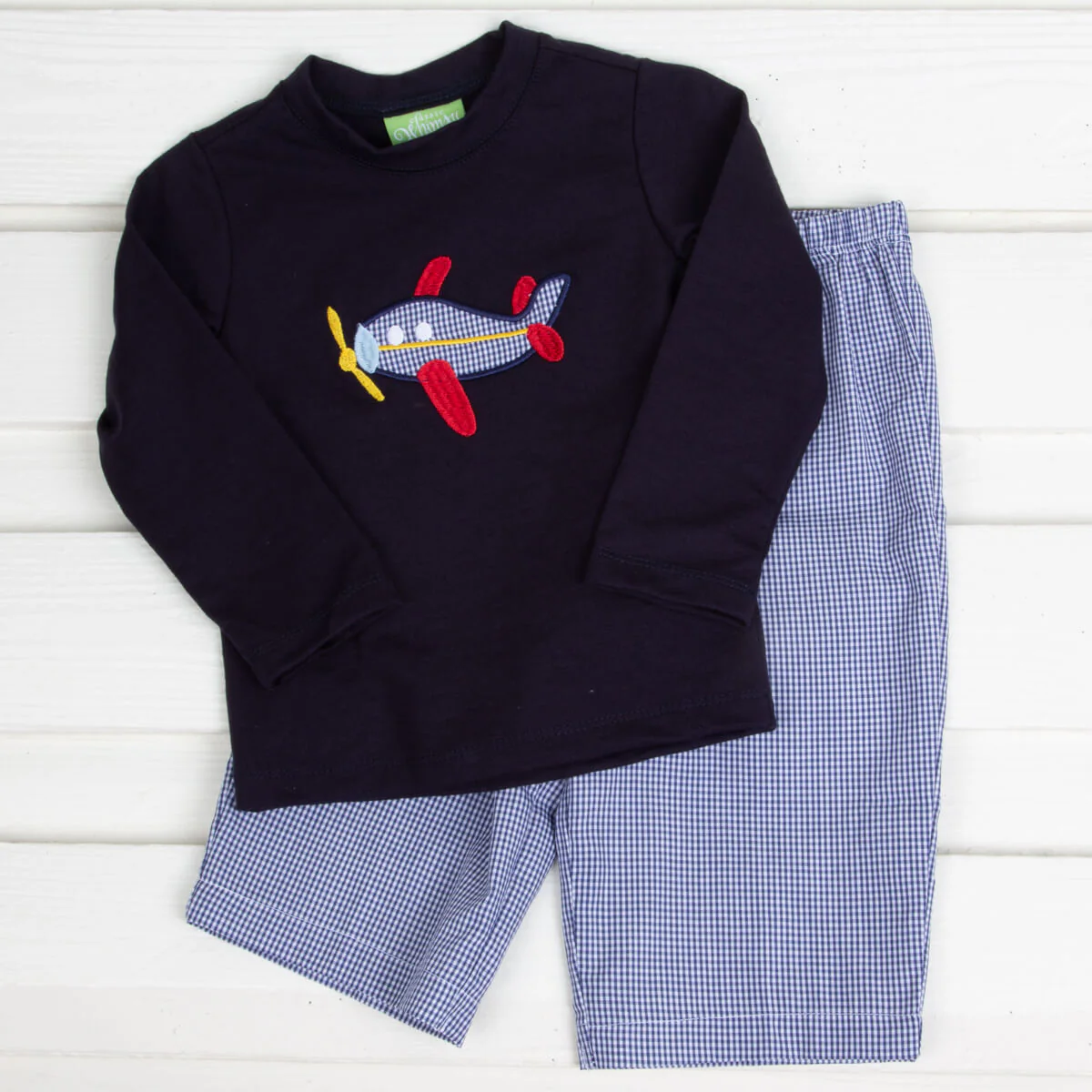 Airplane Smocked Pant Set Navy Gingham - Image 2