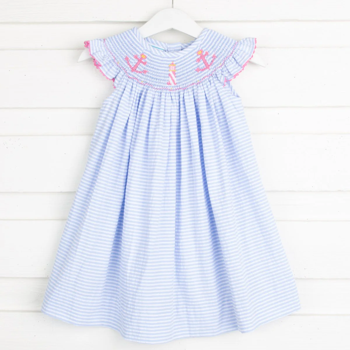 Anchor Smocked Dress Blue Seersucker Stripe