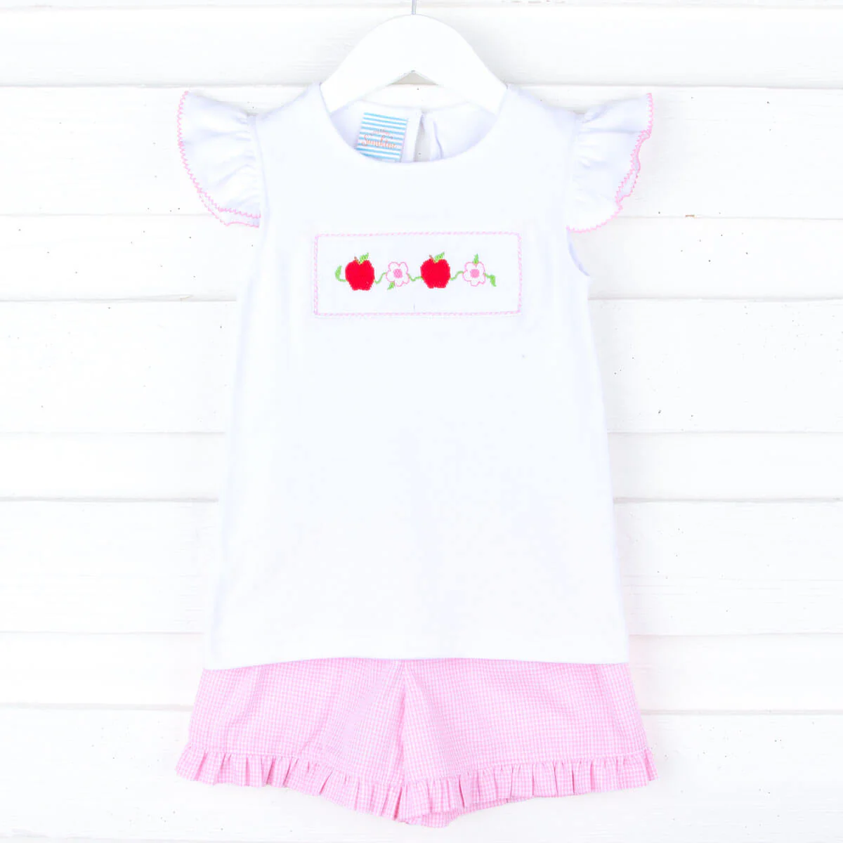 Apple & Flower Smocked Pink Gingham Short Set - Image 2