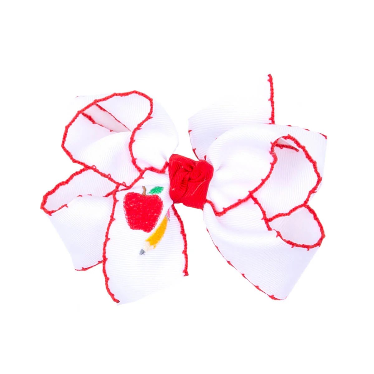 Apple & Pencil Embroidered Knotted Moonstitch Bow - Image 2