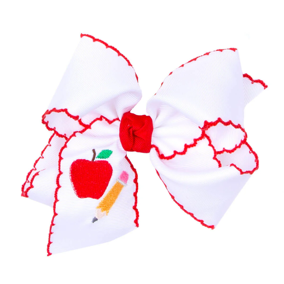 Apple & Pencil Embroidered Knotted Moonstitch Bow - Image 3