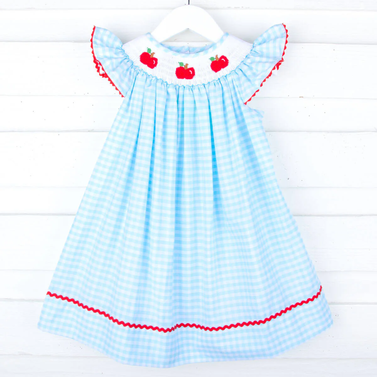 Apple Smocked Aqua Check Angel Sleeve Dress