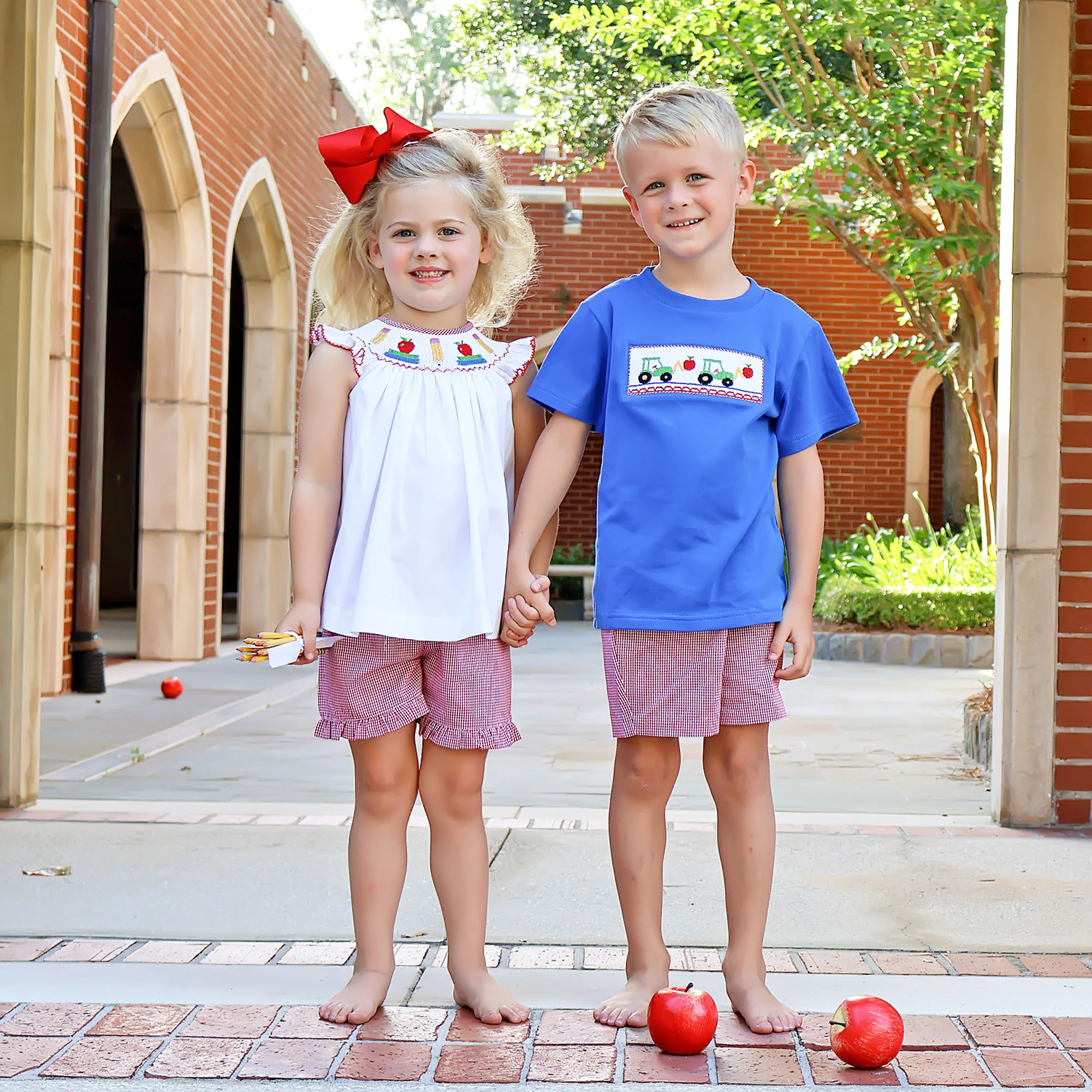 School Smocked Red Gingham Short Set - Image 3