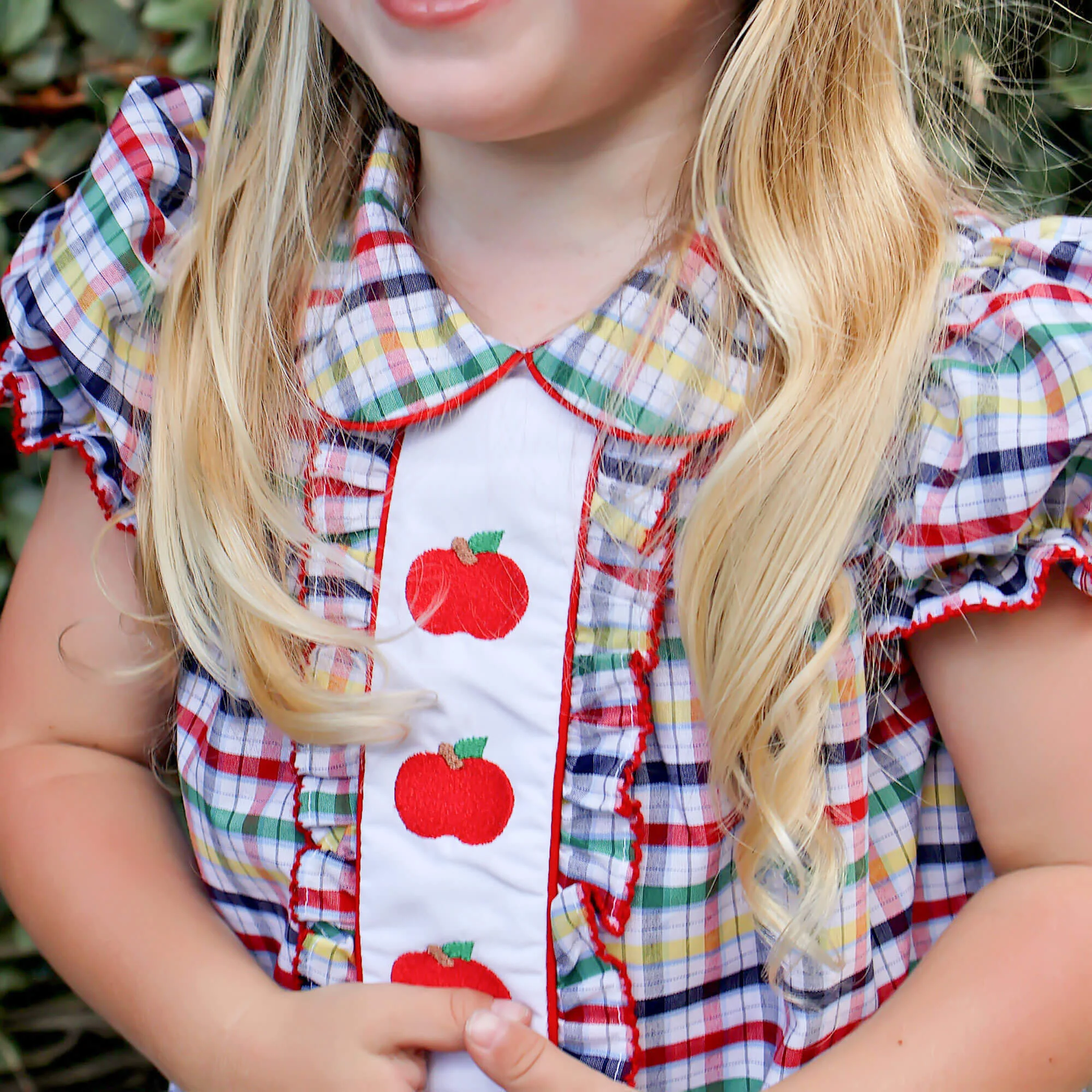 Apple Trio Primary Plaid Embroidered Camila Dress - Image 3