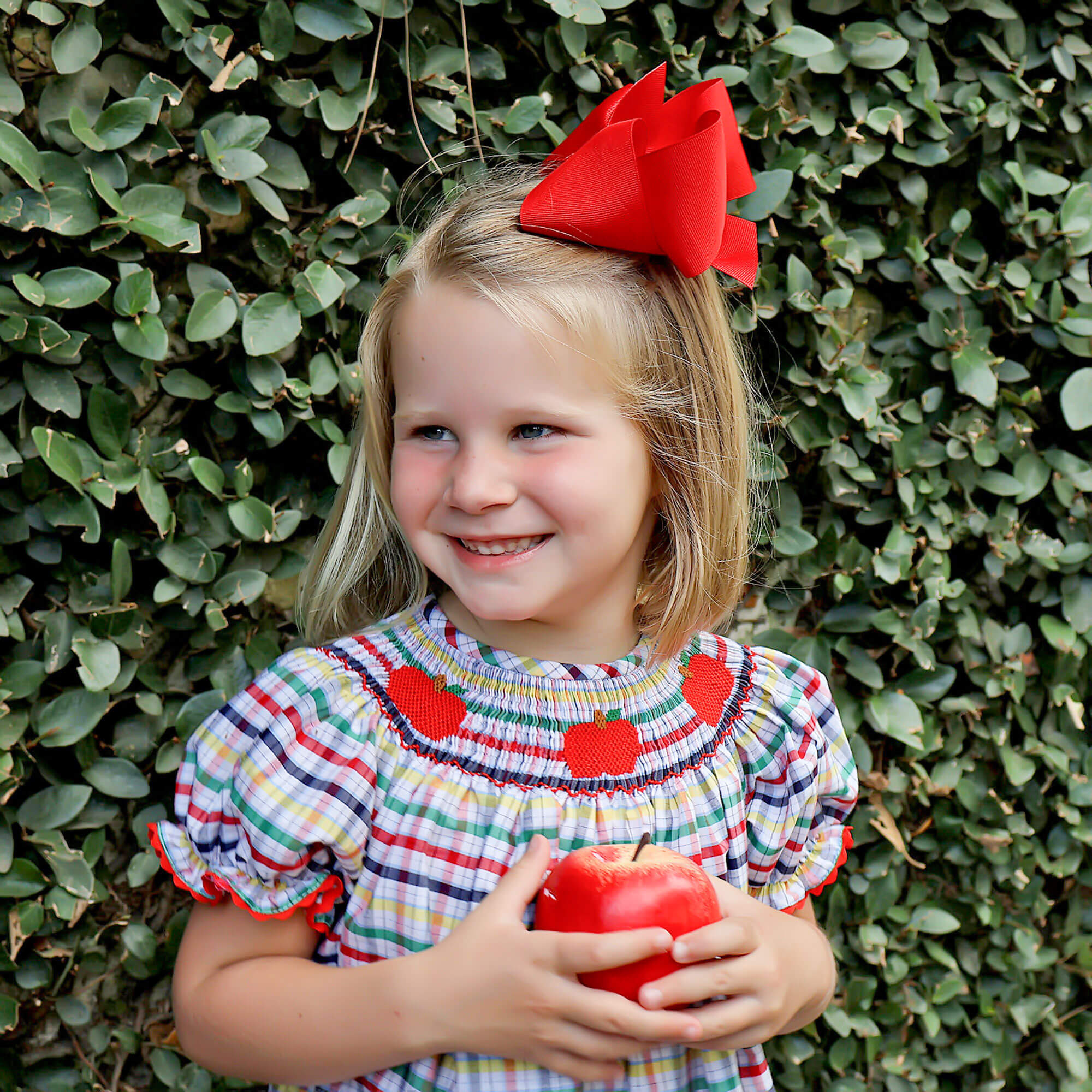Apple Trio Primary Plaid Smocked Bishop Dress - Image 3