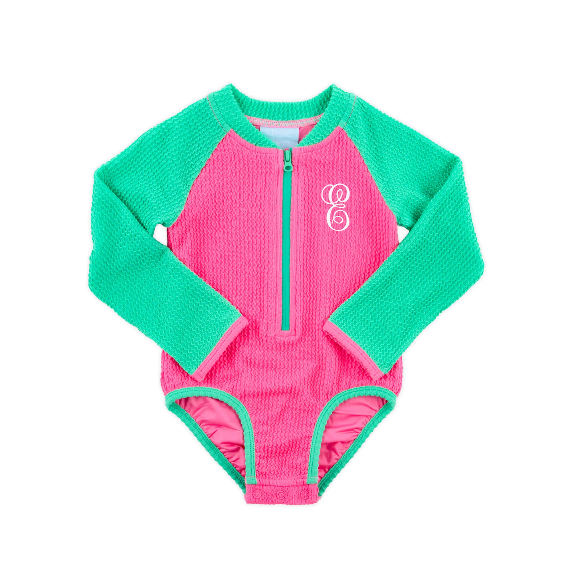 Aquamarine & Hot Pink Crinkle Rash Guard Swimsuit - Image 2