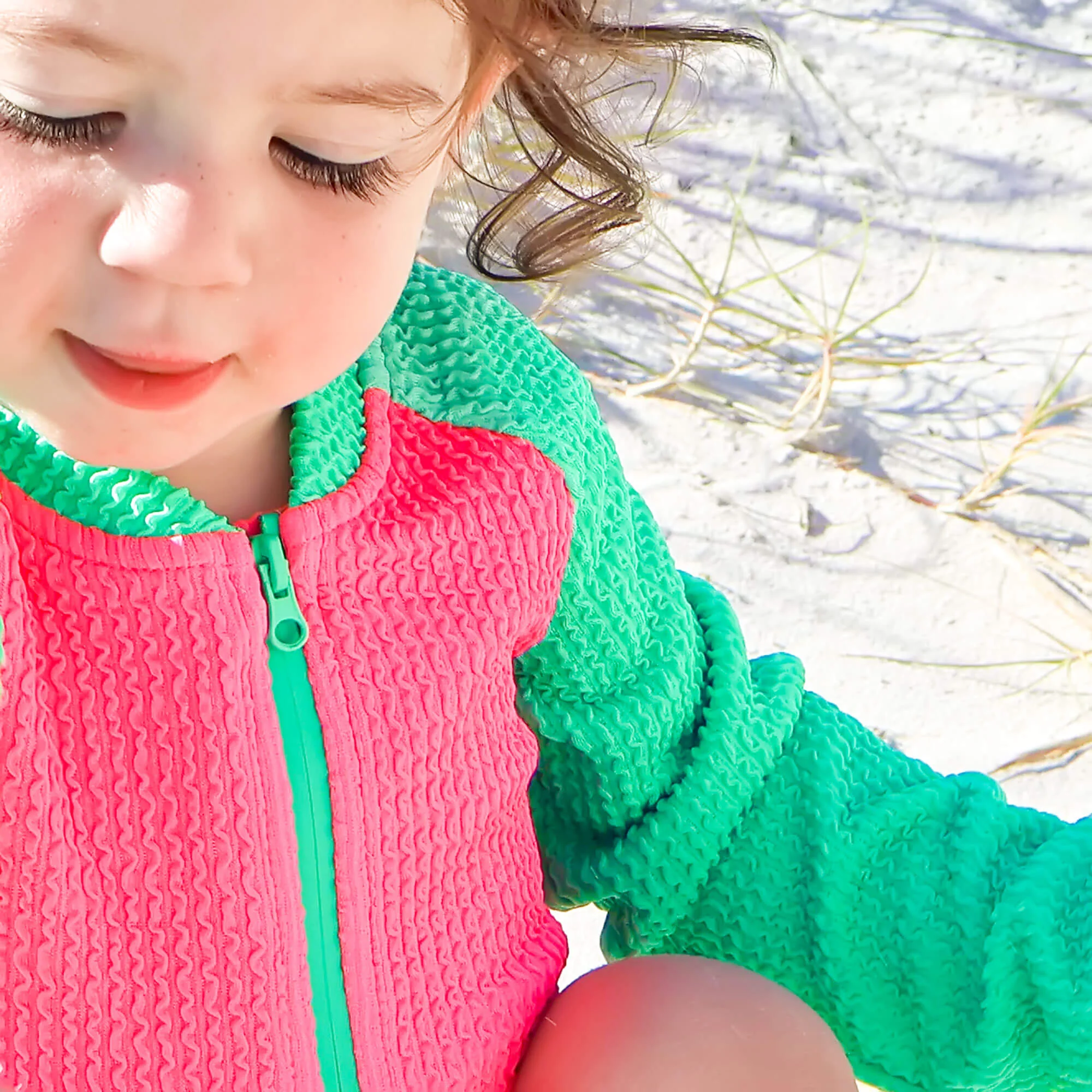 Aquamarine & Hot Pink Crinkle Rash Guard Swimsuit - Image 3