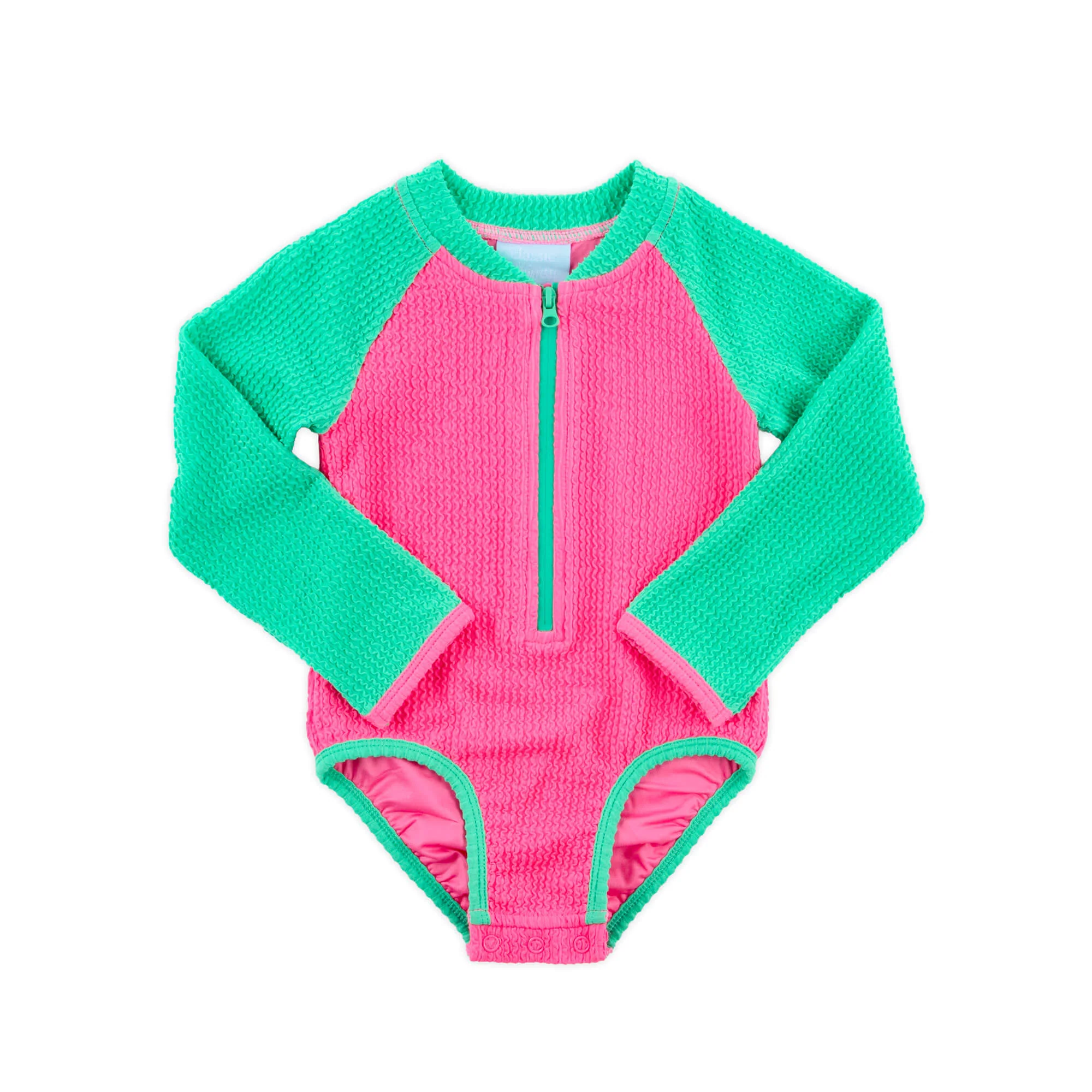 Aquamarine & Hot Pink Crinkle Rash Guard Swimsuit - Image 4