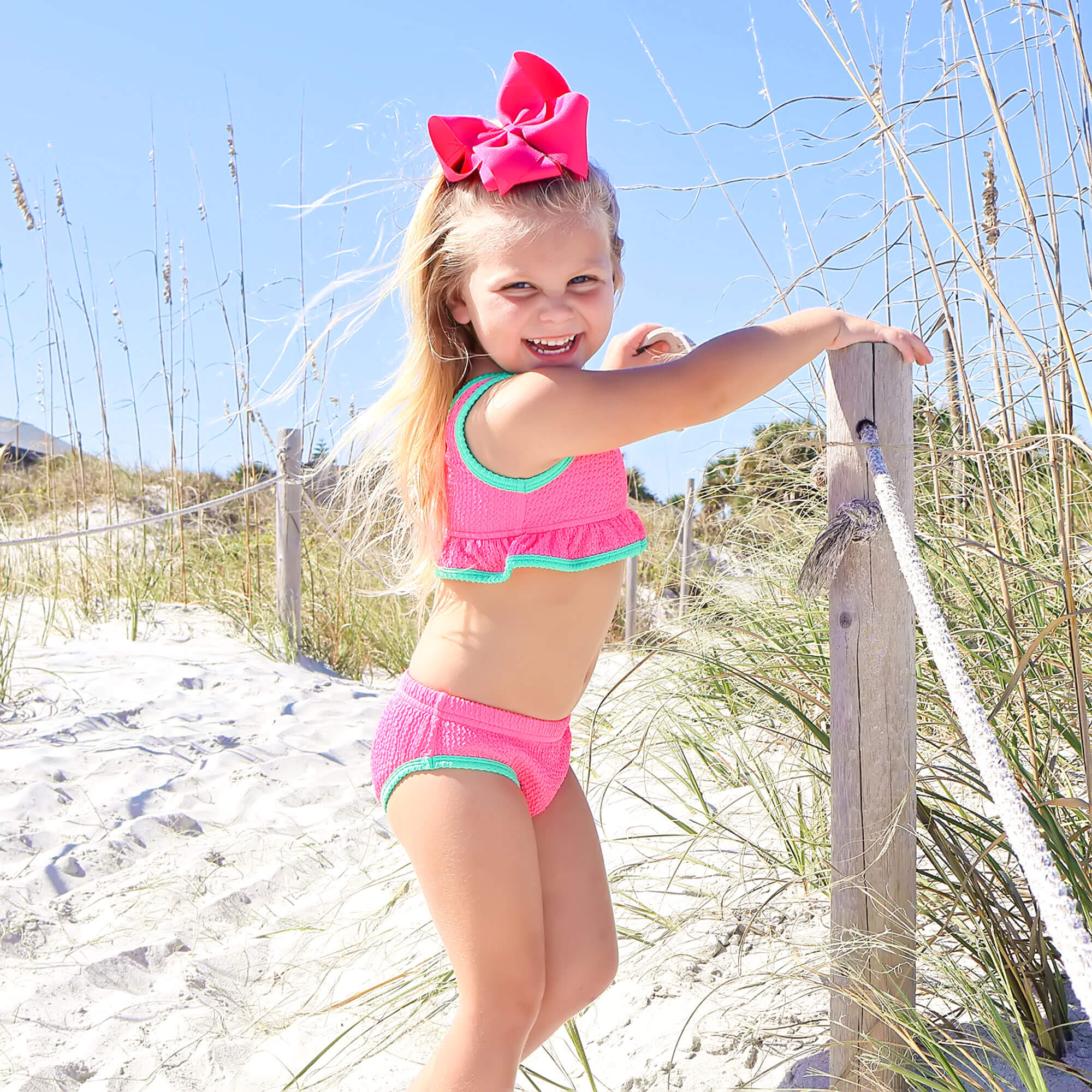 Aquamarine & Hot Pink Crinkle Two Piece Swimsuit - Image 3