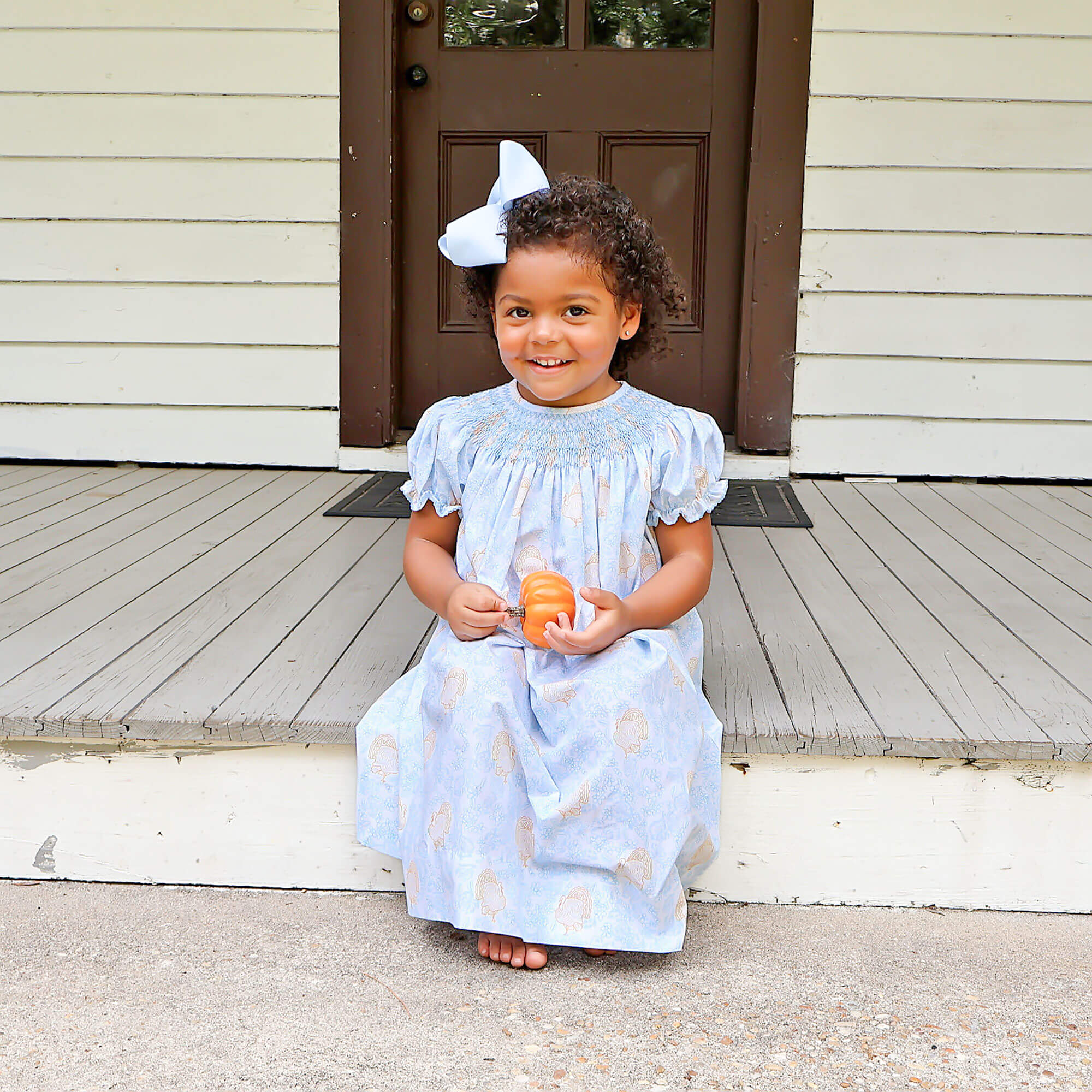 Autumn Turkey Blue Smocked Bishop Dress - Image 4