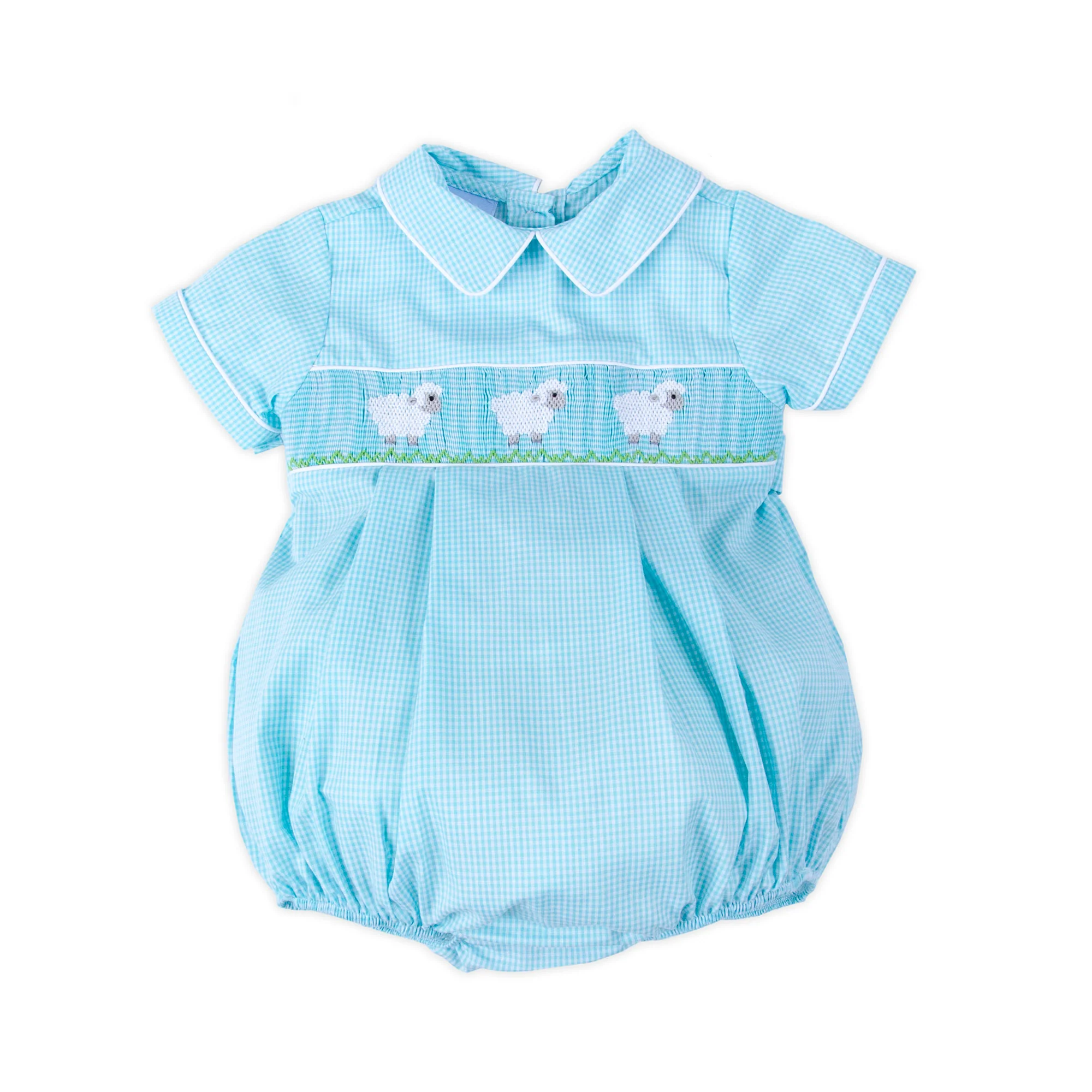 Baby Lamb Smocked Mint Gingham Collared Bubble - Image 2