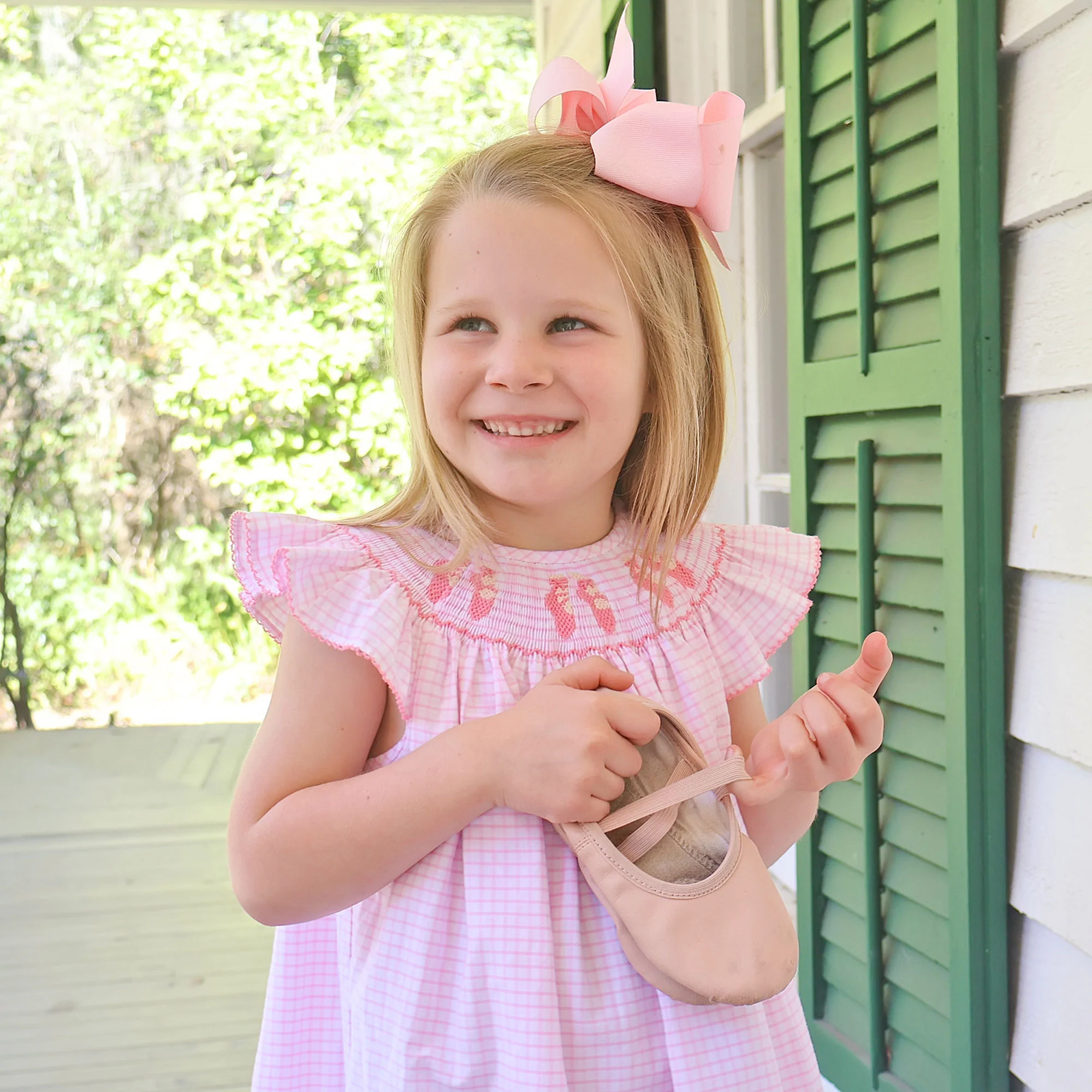 Ballet Smocked Pink Windowpane Angel Sleeve Dress - Image 2