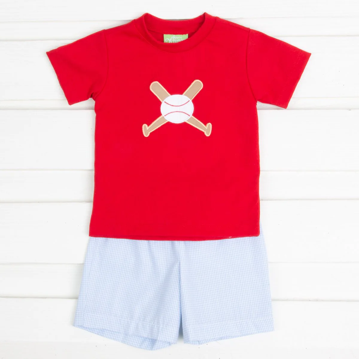 Baseball Applique Short Set Light Blue Gingham - Image 2