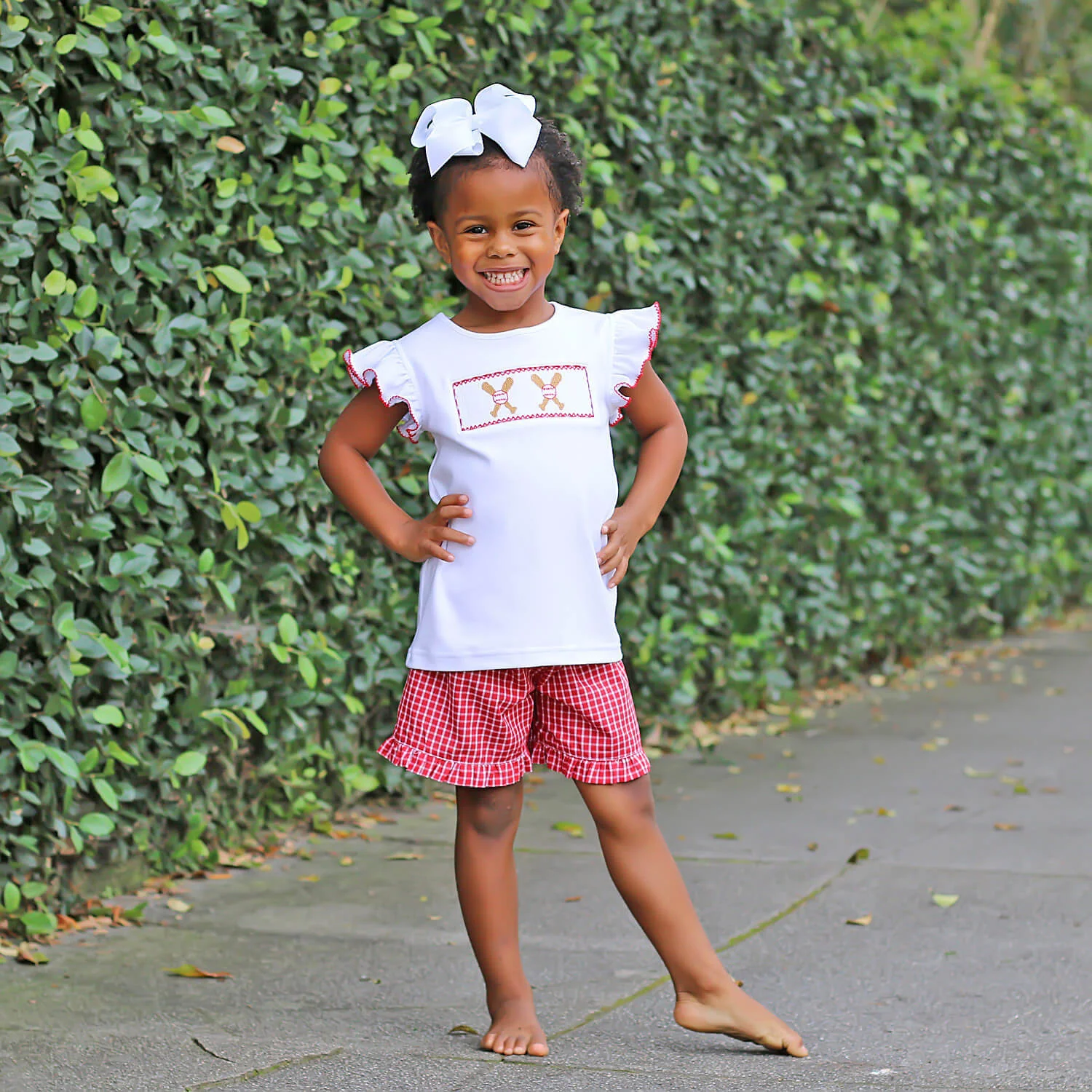 Baseball Smocked Red Plaid Short Set - Image 2