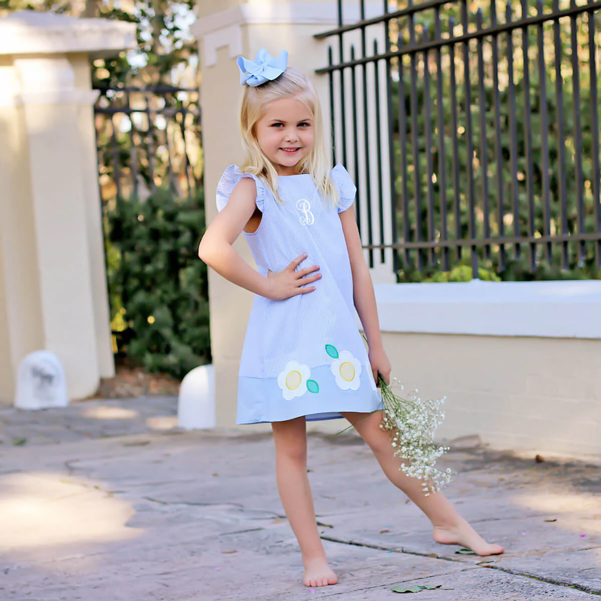 Daisy Appliqué Blue Stripe Emery Dress - Image 4