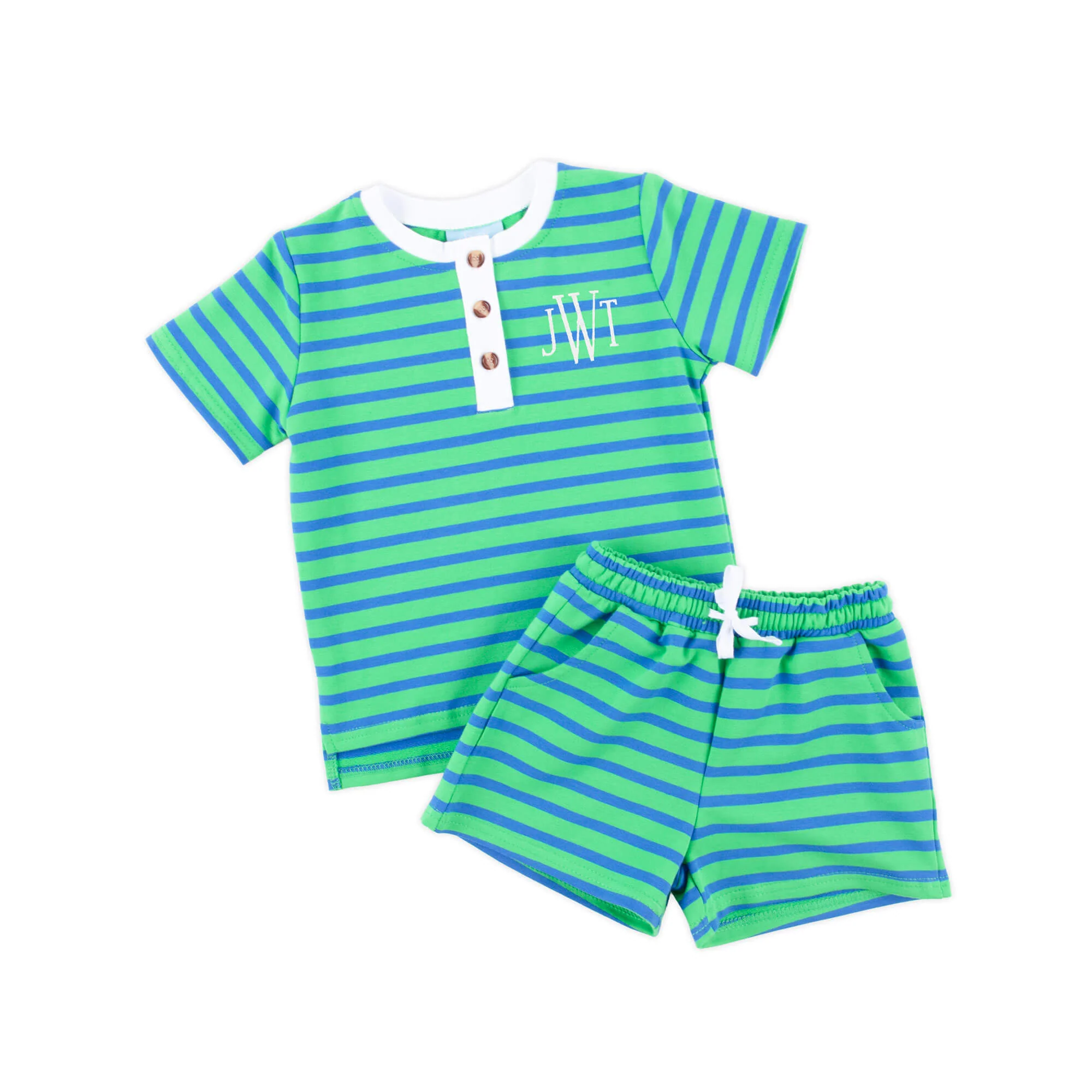 Green & Blue Stripe Terry Henley Short Set - Image 2
