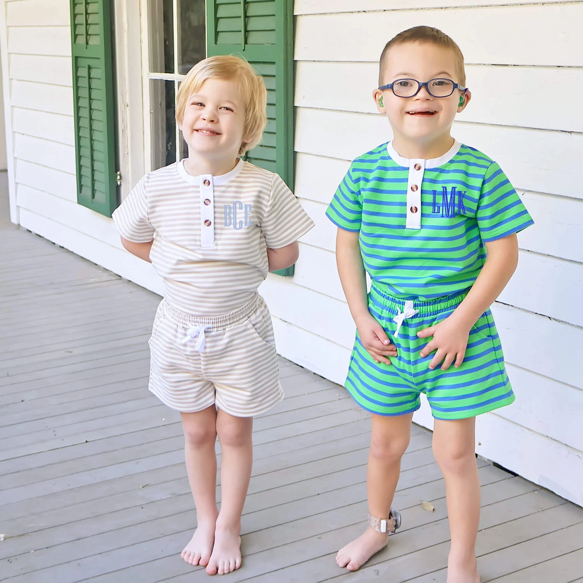 Green & Blue Stripe Terry Henley Short Set - Image 3