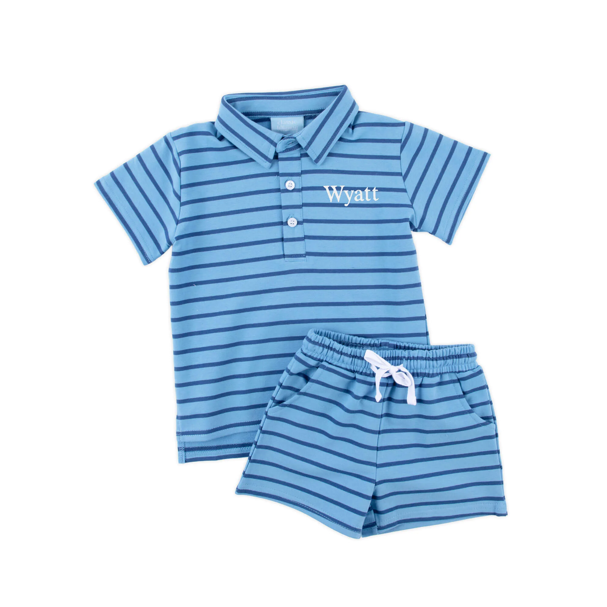 Blue & Navy Stripe Terry Polo Short Set - Image 2