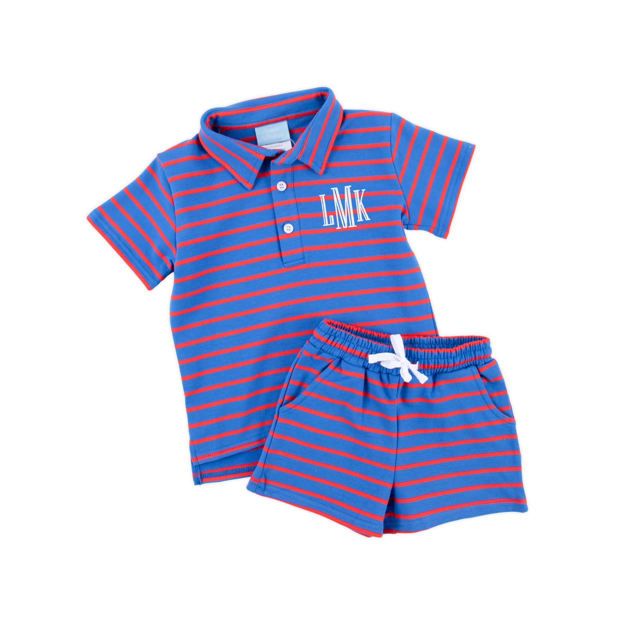 Royal Blue & Red Stripe Terry Polo Short Set - Image 2