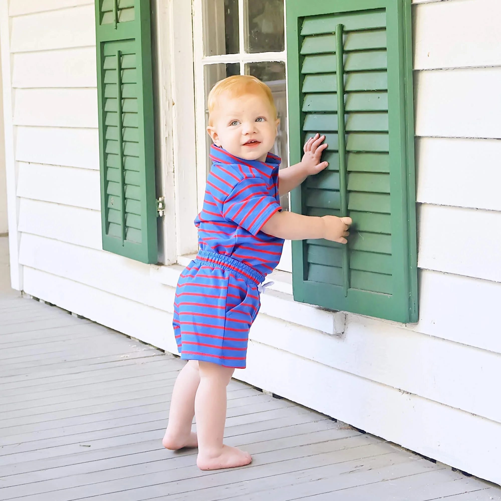 Royal Blue & Red Stripe Terry Polo Short Set - Image 3