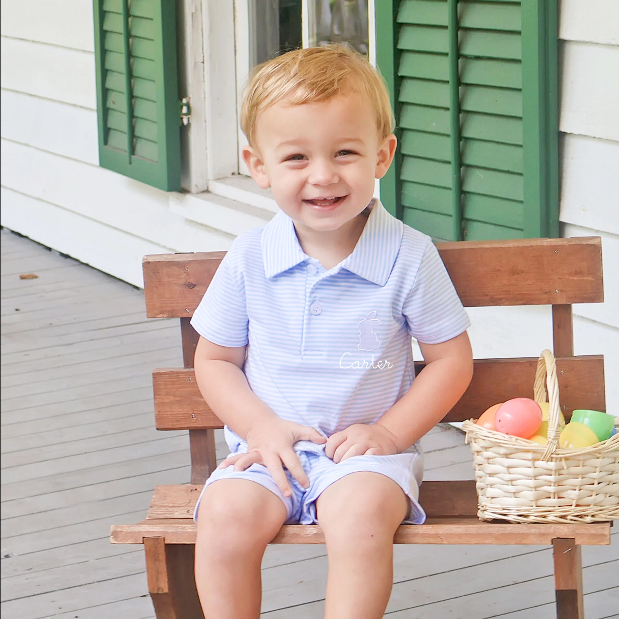 Bunny Light Blue Stripe Polo Romper - Image 2