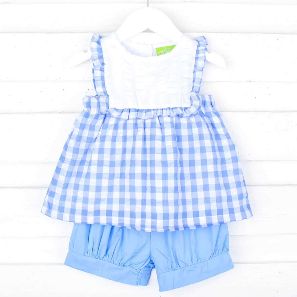 Blue Check Ruffle Bib Short Set - Image 2