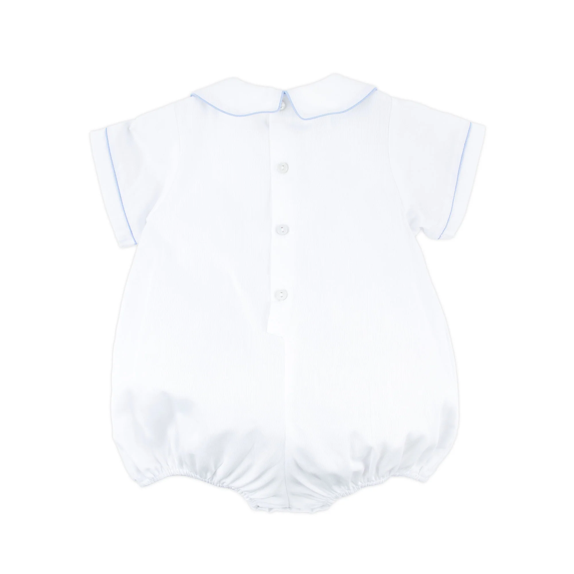 Blue Cross Single Smocked White Pique Boy Bubble - Image 2