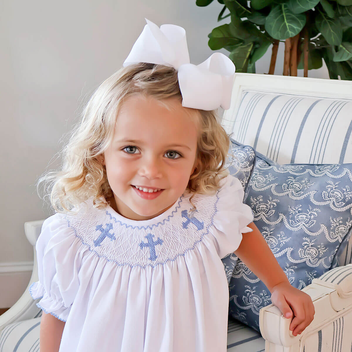 Blue Cross Smocked White Pique Dress - Image 3