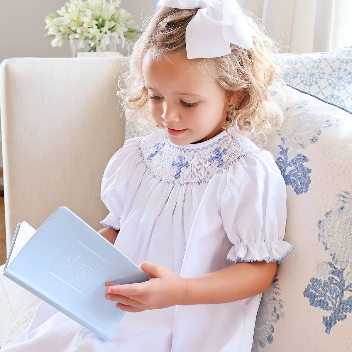 Blue Cross Smocked White Pique Dress - Image 6