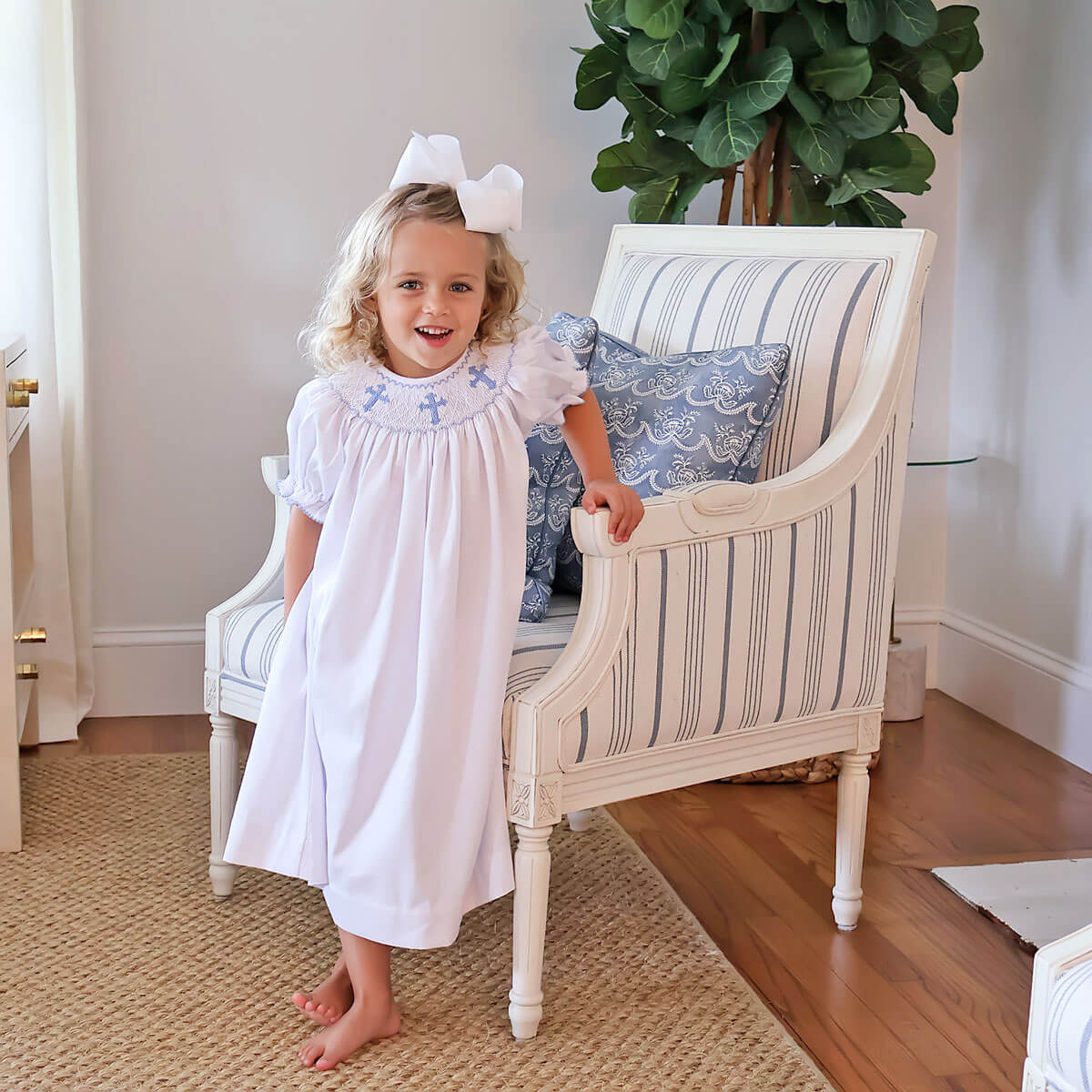 Blue Cross Smocked White Pique Dress - Image 7