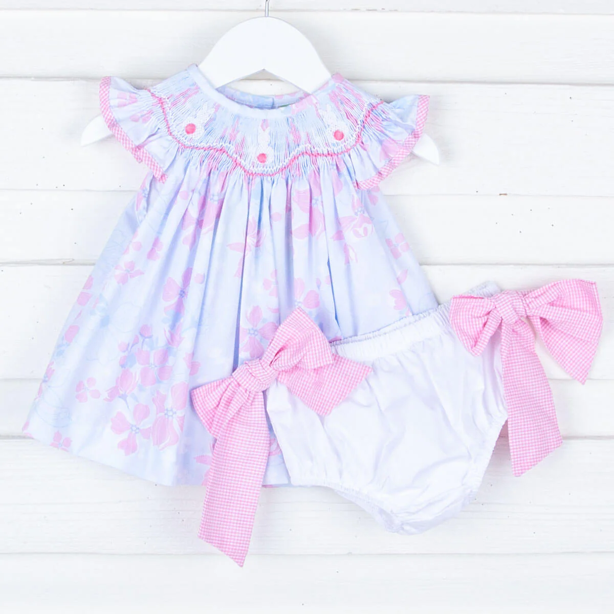 Blue Floral Bunny Smocked Bloomer Set - Image 2