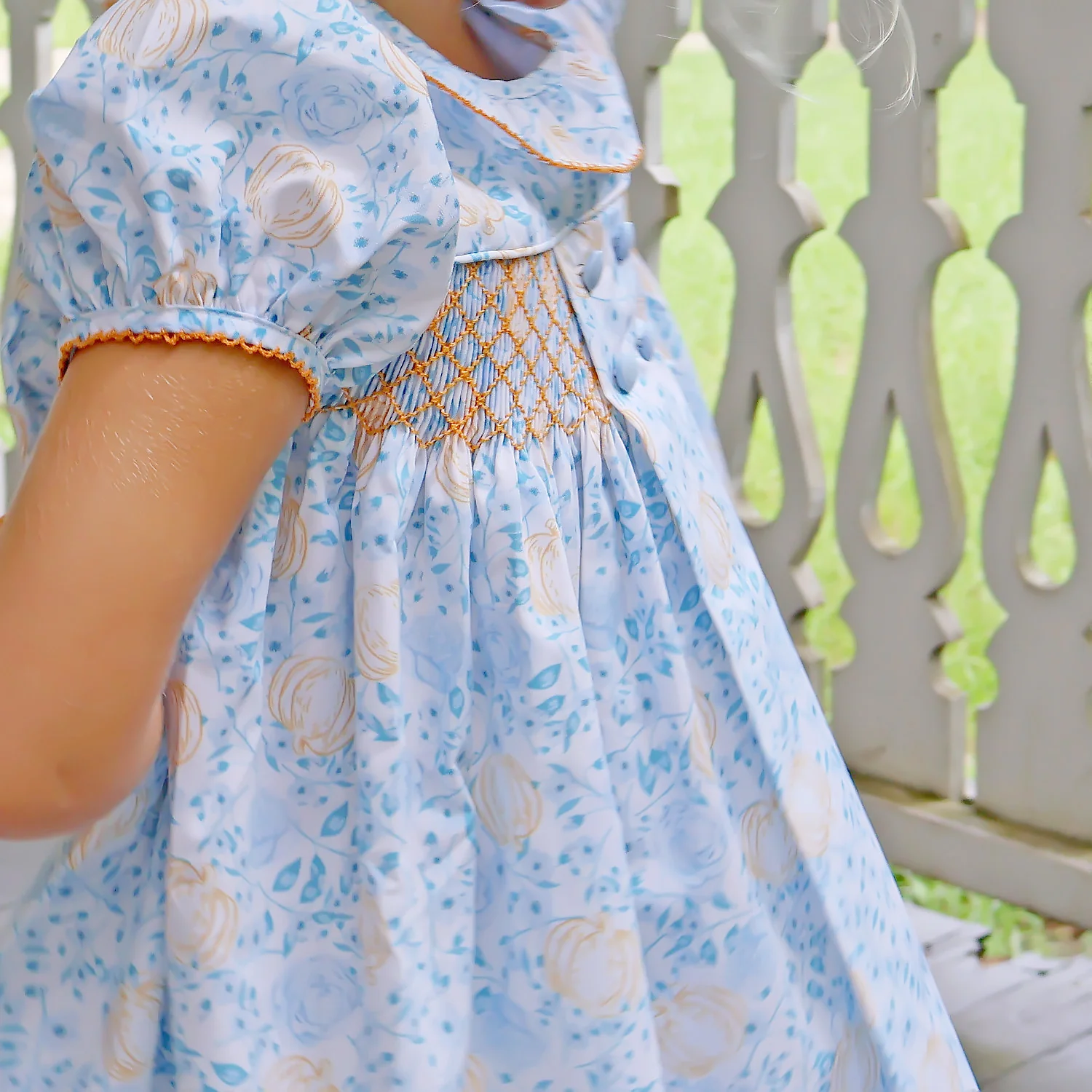 Blue Floral Pumpkin Smocked Beth Dress - Image 3