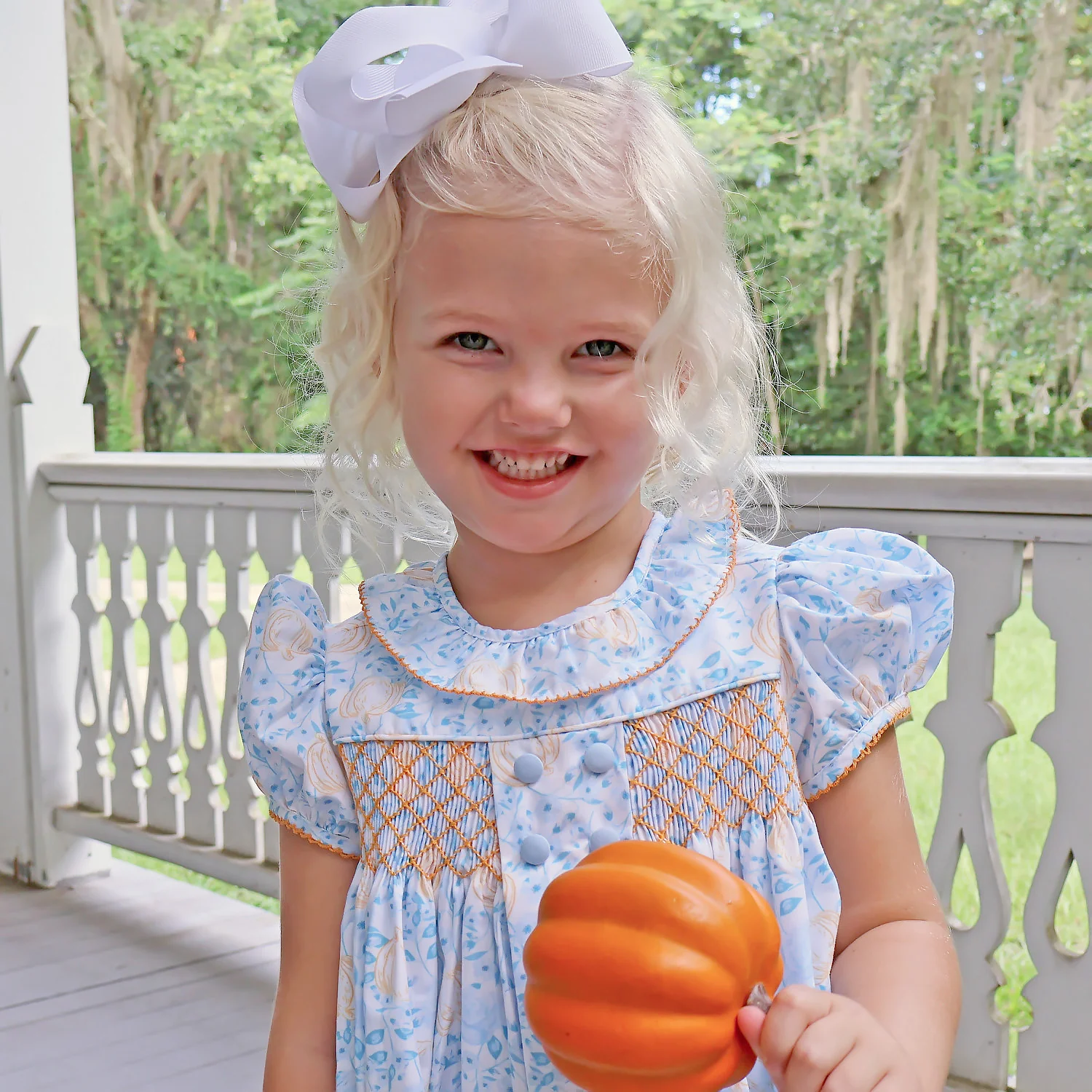 Blue Floral Pumpkin Smocked Beth Dress - Image 4