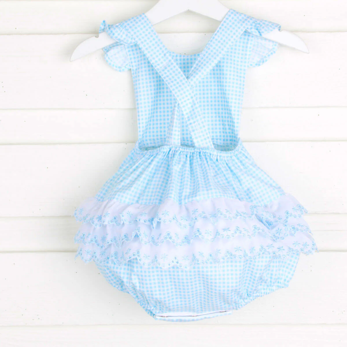 Blue Gingham Eyelet Ruffle Bubble - Image 3