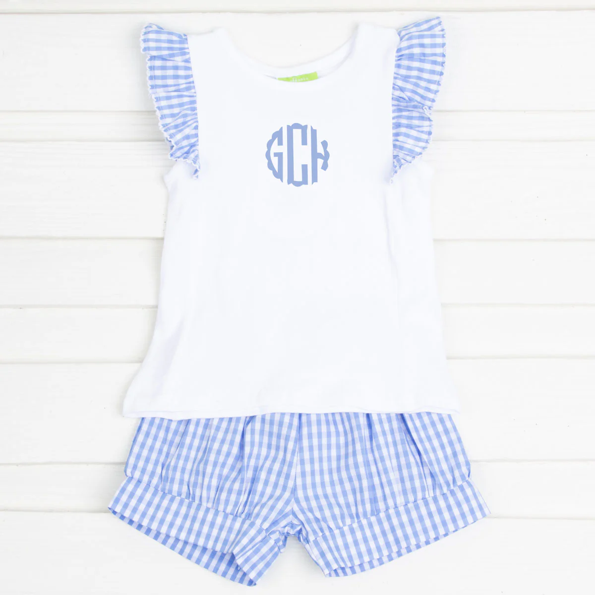 Blue Gingham Ruffle Front Short Set - Image 3