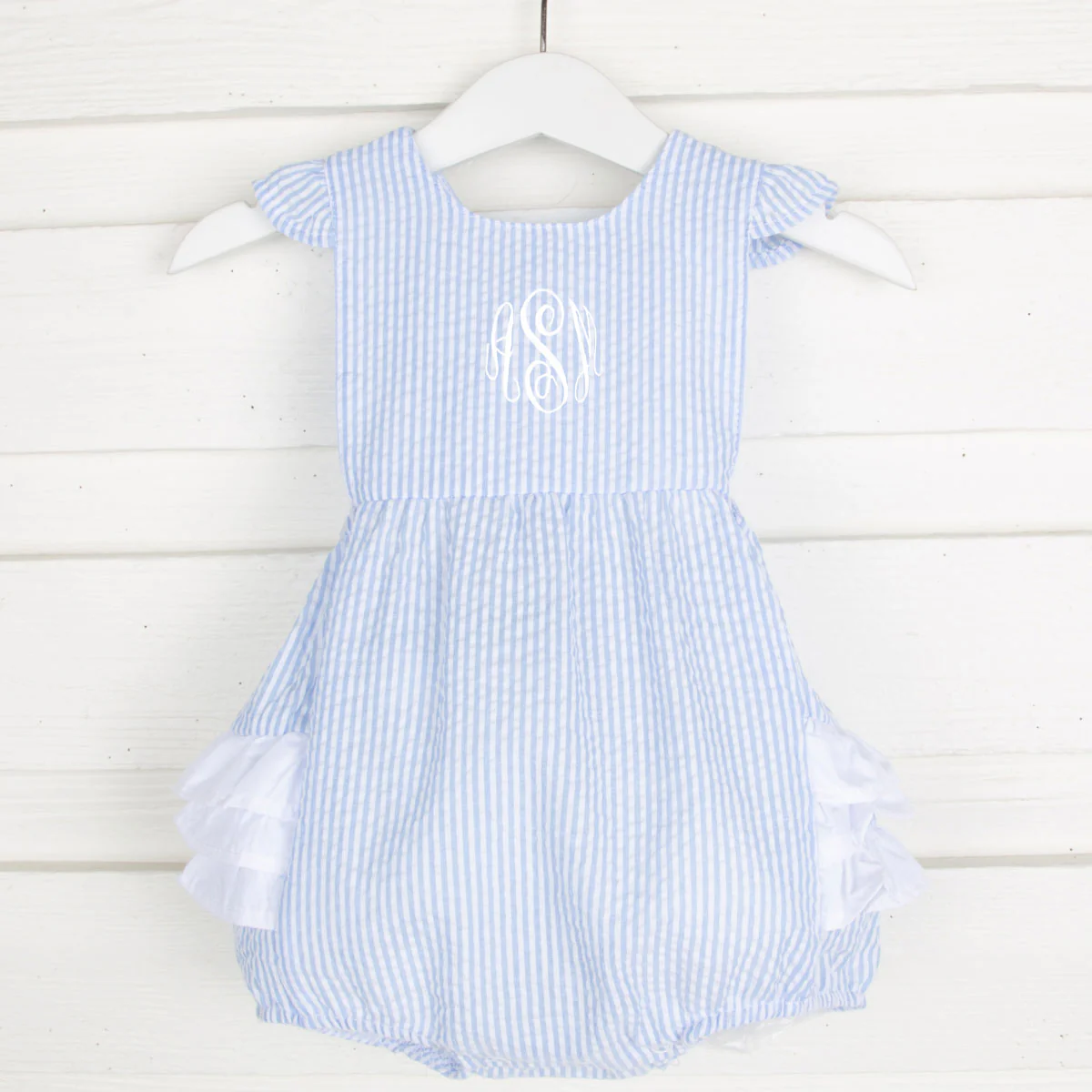 Blue Stripe Seersucker Ruffle Bubble - Image 3