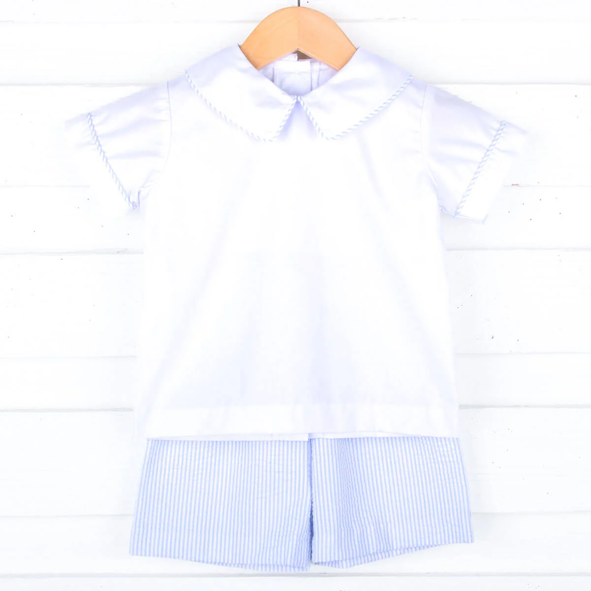 Blue Stripe Seersucker Collared Short Set - Image 2