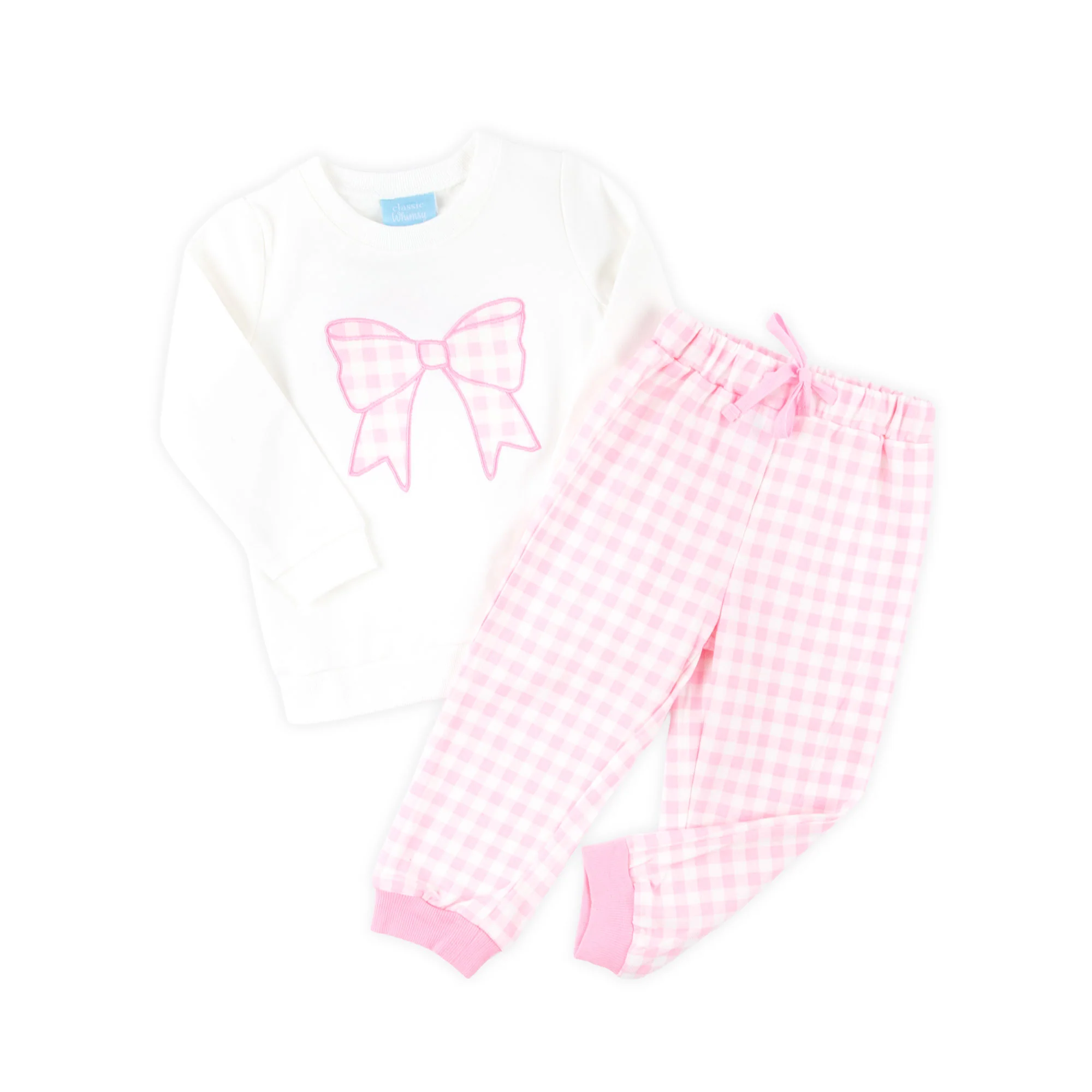 Bow Applique Pink Gingham Jogger Set - Image 3