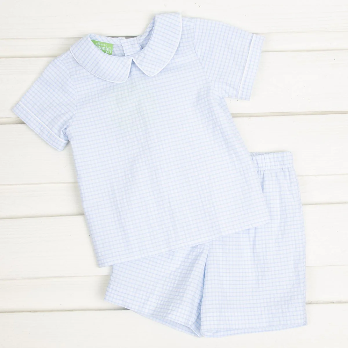 Boys Collared Short Set Blue Gingham Seersucker - Image 2