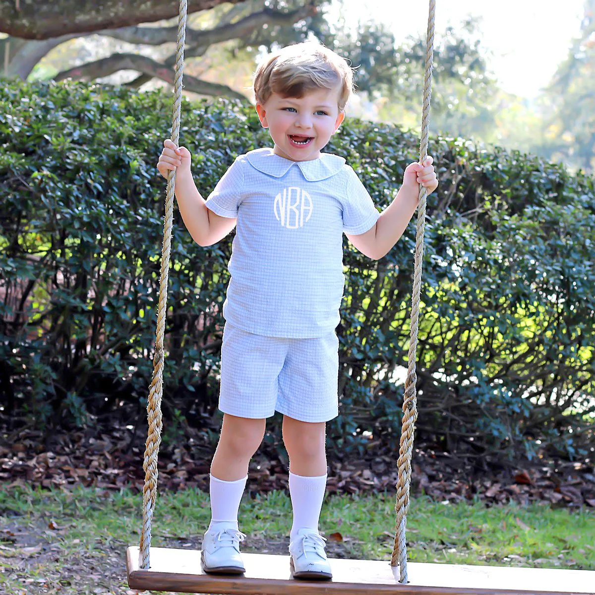 Boys Collared Short Set Blue Gingham Seersucker - Image 3