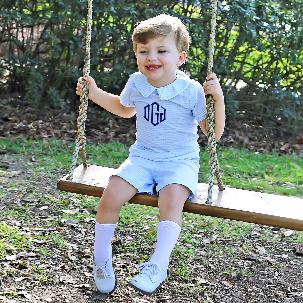 Boys Collared Short Set Blue Gingham Seersucker - Image 6