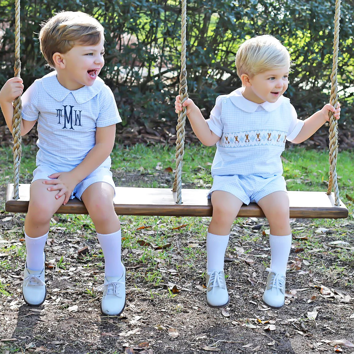 Boys Collared Short Set Blue Gingham Seersucker - Image 7