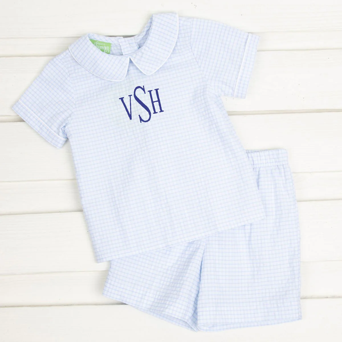 Boys Collared Short Set Blue Gingham Seersucker - Image 8