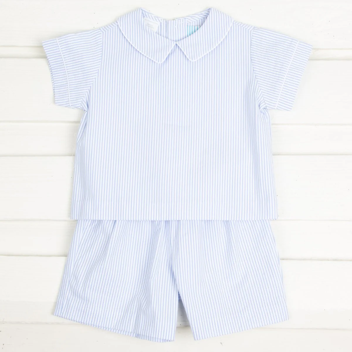 Boys Collared Short Set Light Blue Stripe Seersucker - Image 2