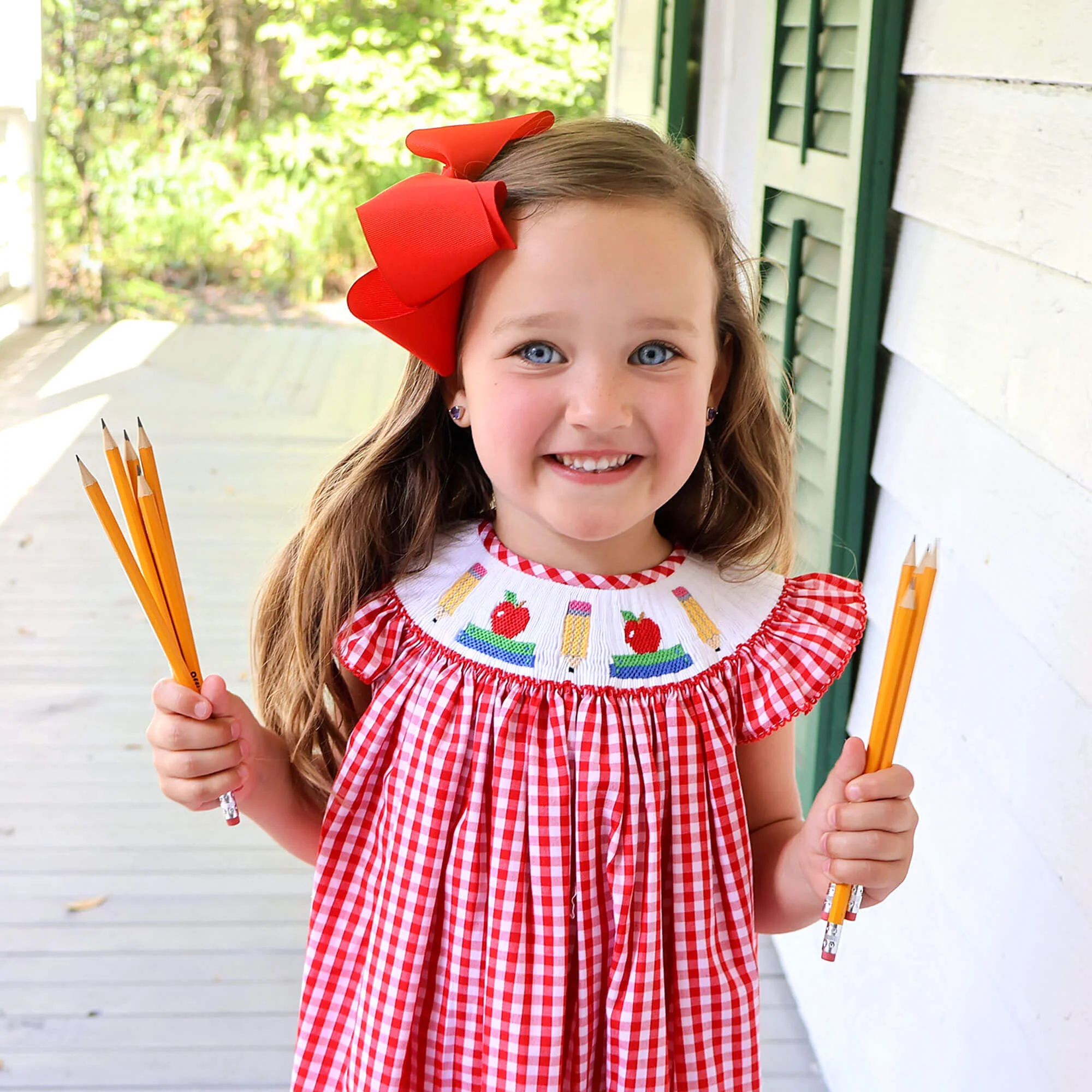 Bright School Year Smocked Red Gingham Angel Sleeve Dress - Image 2