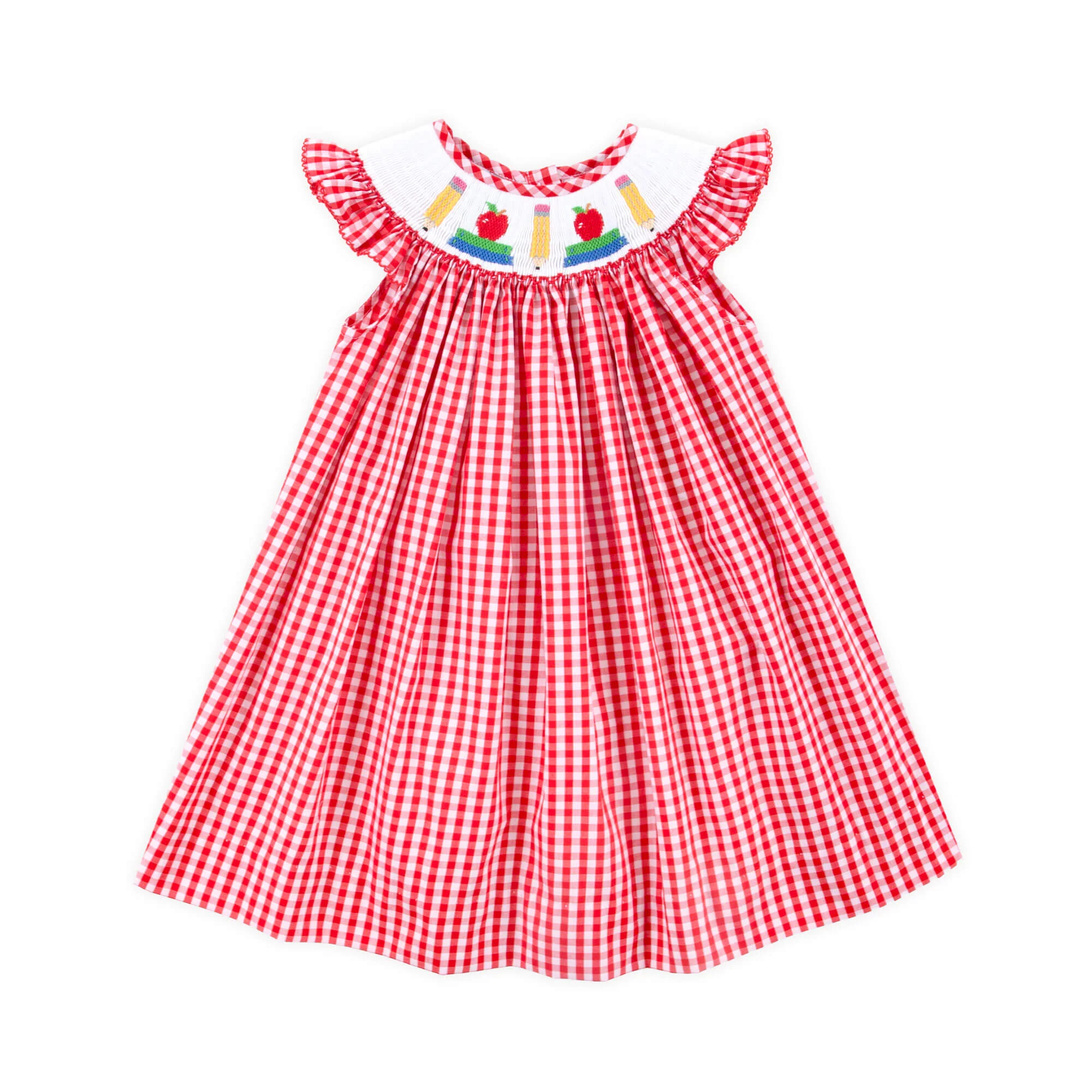 Bright School Year Smocked Red Gingham Angel Sleeve Dress - Image 3