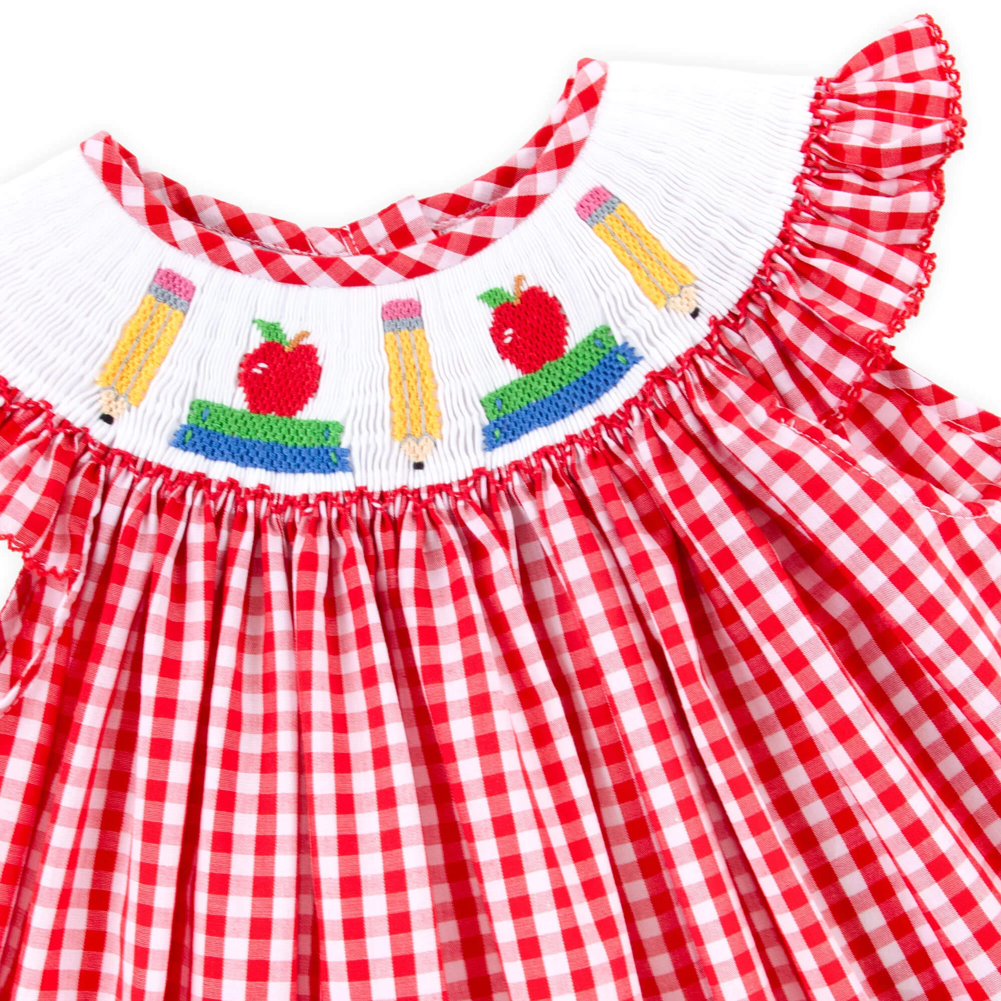 Bright School Year Smocked Red Gingham Angel Sleeve Dress - Image 4
