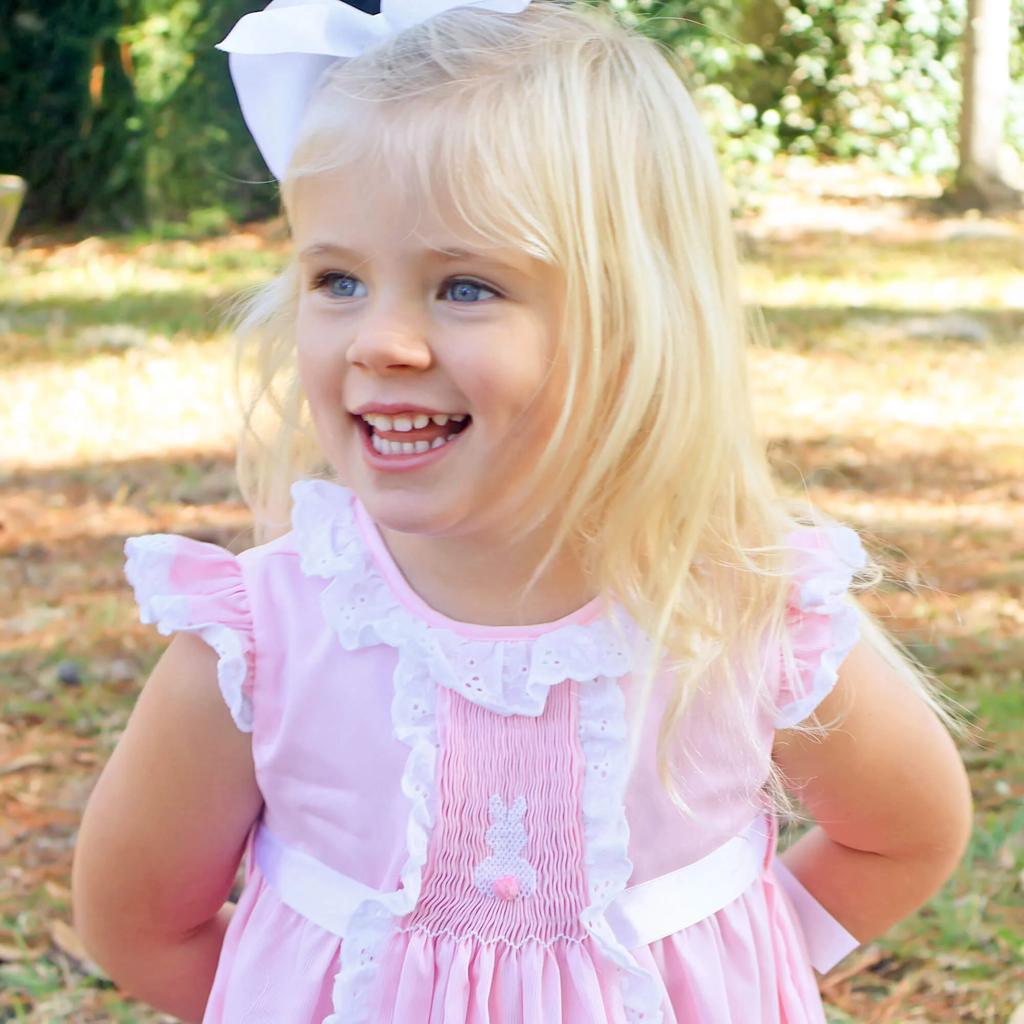 Bunny Tail Smocked Pink Pique Eyelet Dress - Image 3