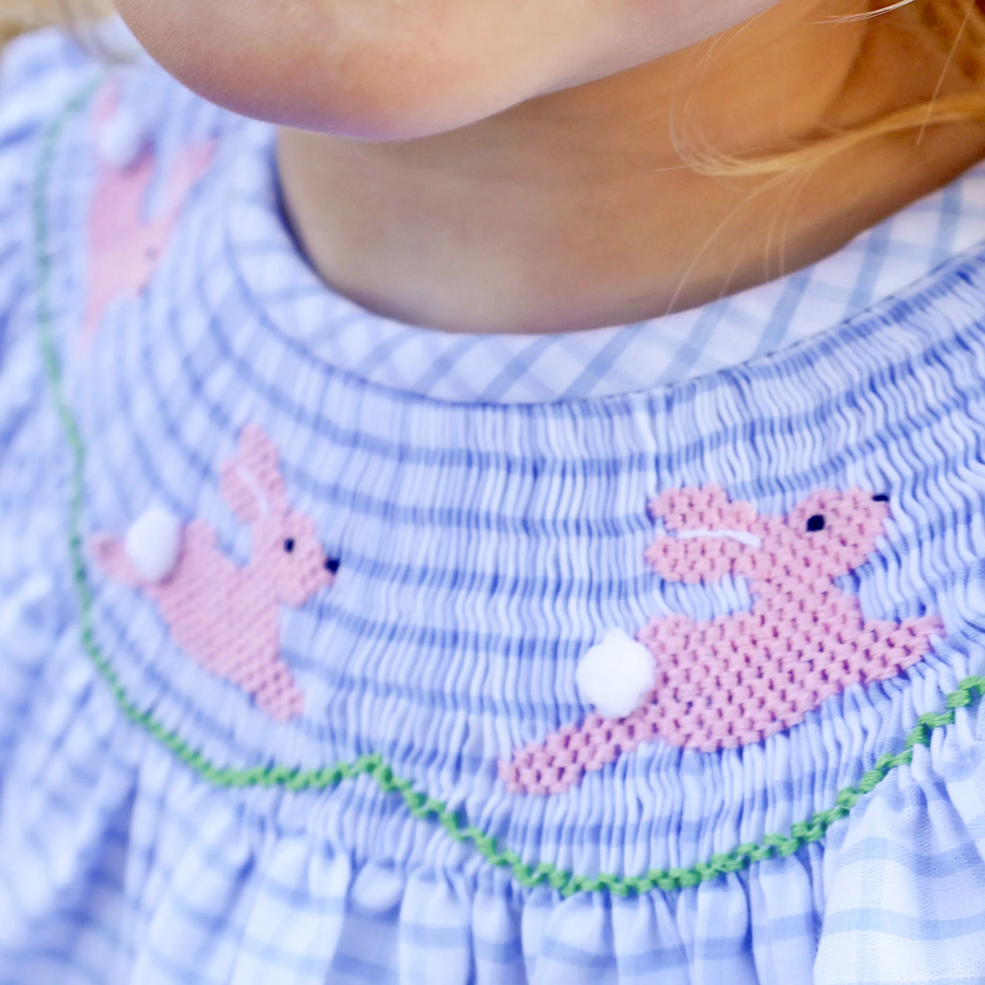 Bunny Love Smocked Light Blue Windowpane Bloomer Set - Image 2